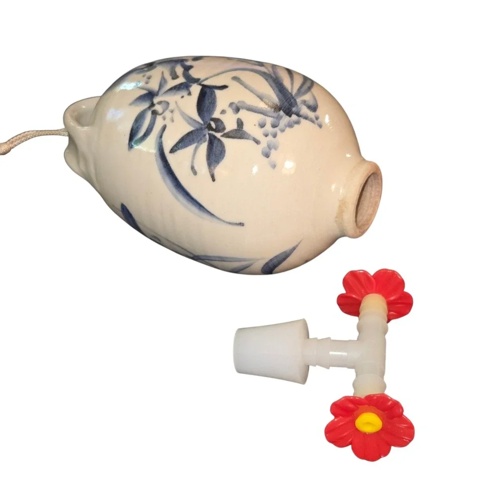 Handmade Hummingbird Feeder Blue Cream Floral Pottery Hanging Decor 8